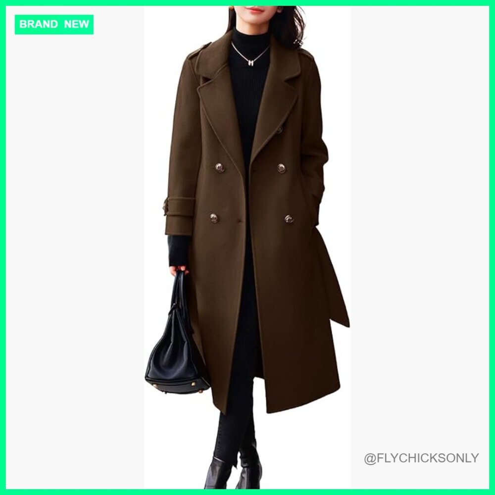 Women's Wool Pea Coat Double Breasted Belted Midi Long Winter Coat